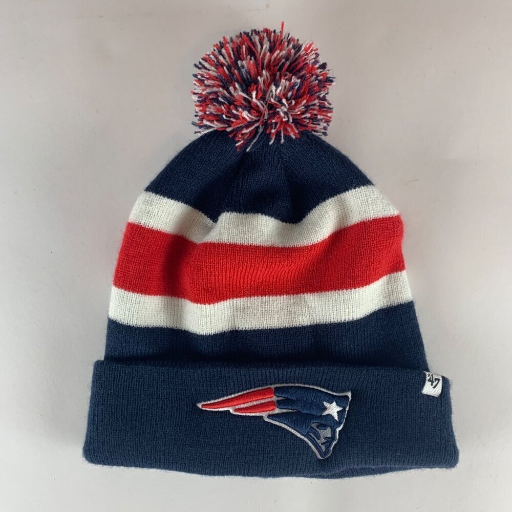 New England Patriots NFL Navy Blue Red 47 Brand Knit Pom Beanie
